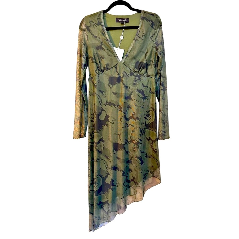 Oak & Trellis Olive Green Sheer Asymmetrical Hem Dress Size L NWT